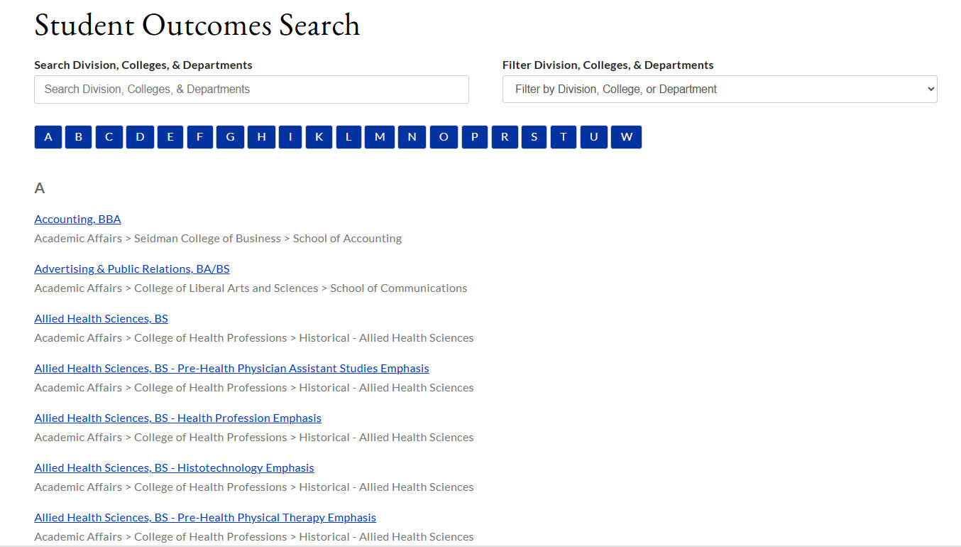 Student Outcomes Search Webpage Screenshot